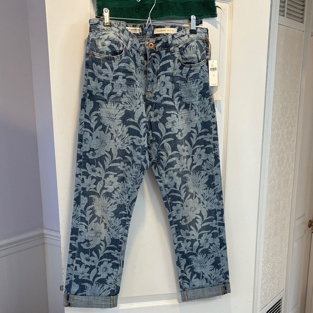 NWT Anthropologie Blue Floral Straight Leg Jeans